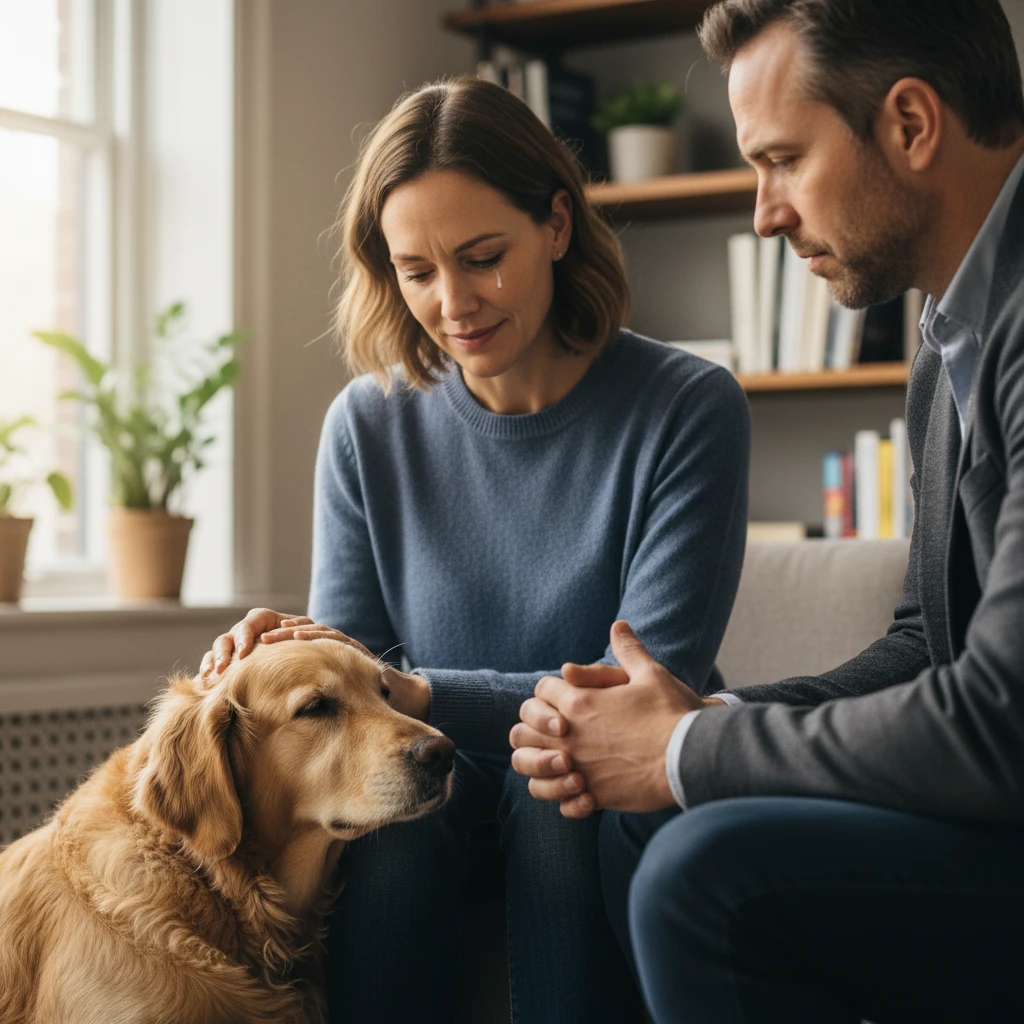 Therapy dog providing conflict mediation and emotional support