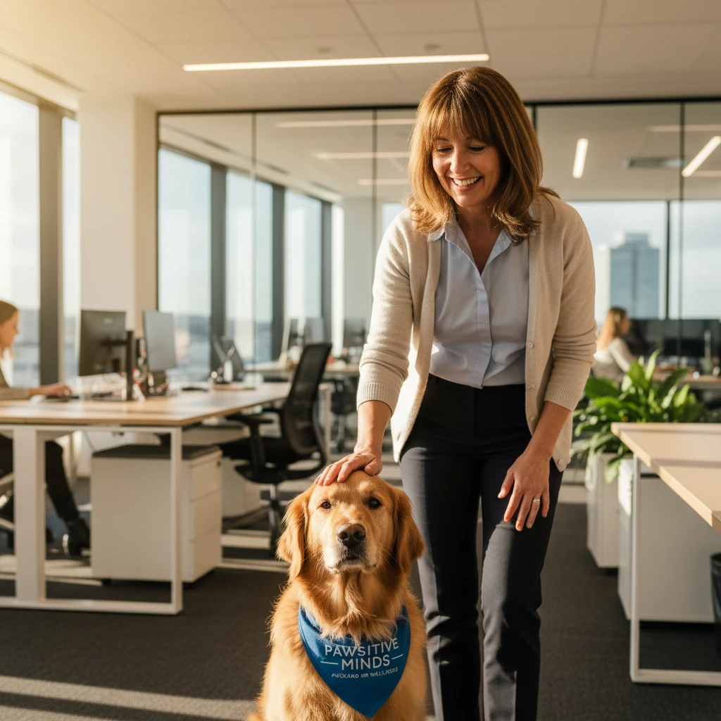 HR Manager greeting a corporate wellness therapy dog in a New Zealand office
