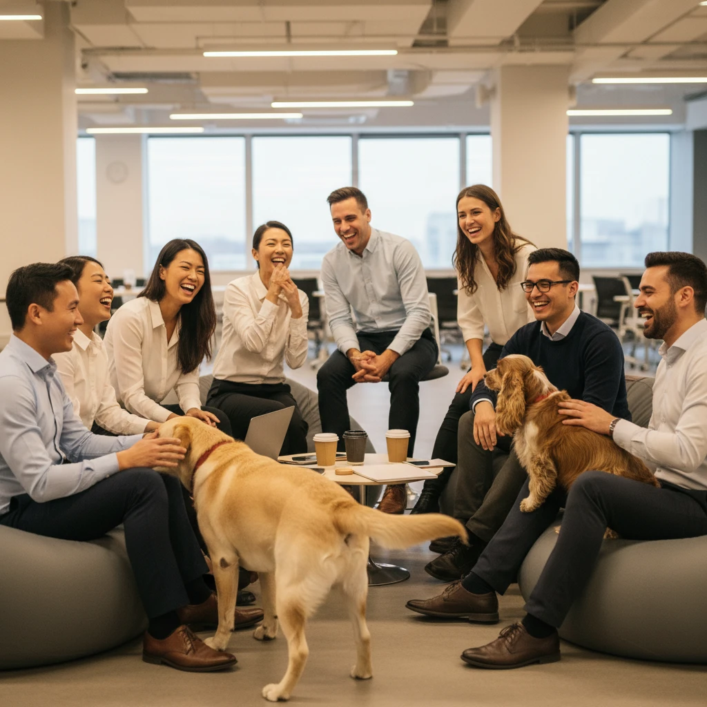 Employees laughing and relaxing during a corporate wellness dog visit
