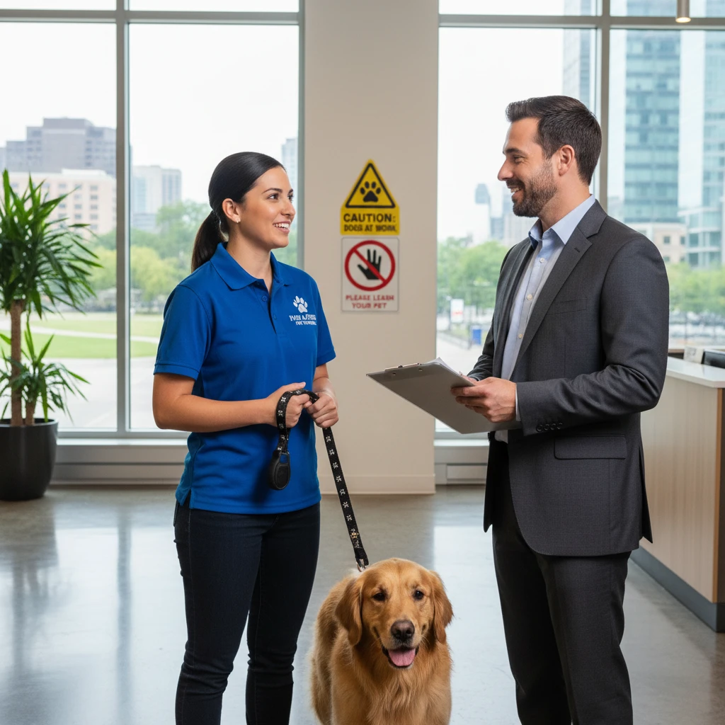 Professional dog handler discussing safety logistics with office manager
