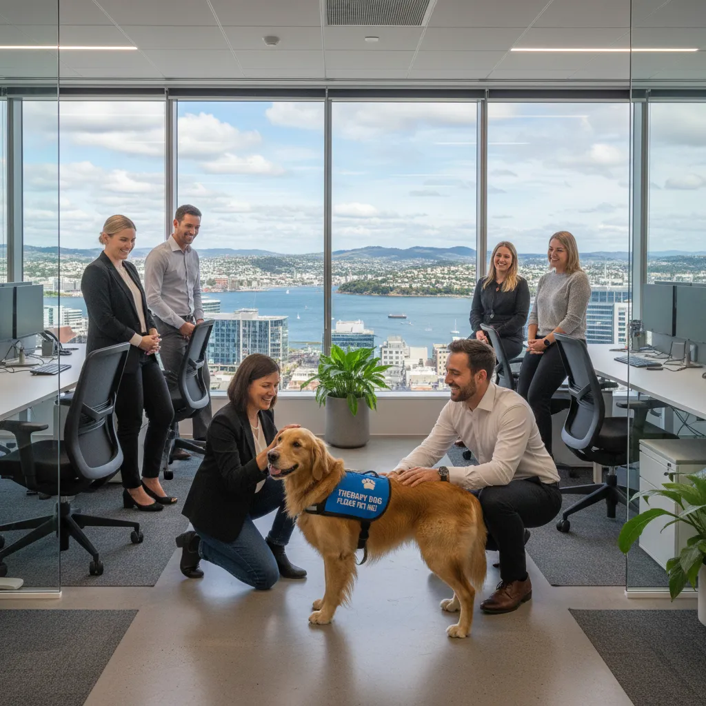 Golden Retriever therapy dog engaging with staff in a Wellington office