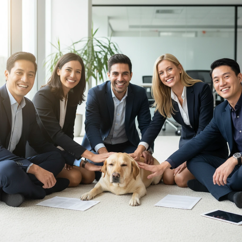 Diverse office team interacting with a therapy dog in a circle