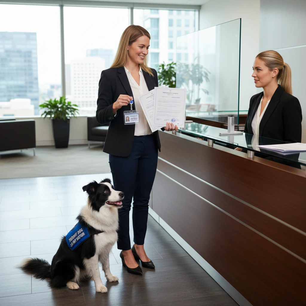 Therapy dog handler presenting certification and ID