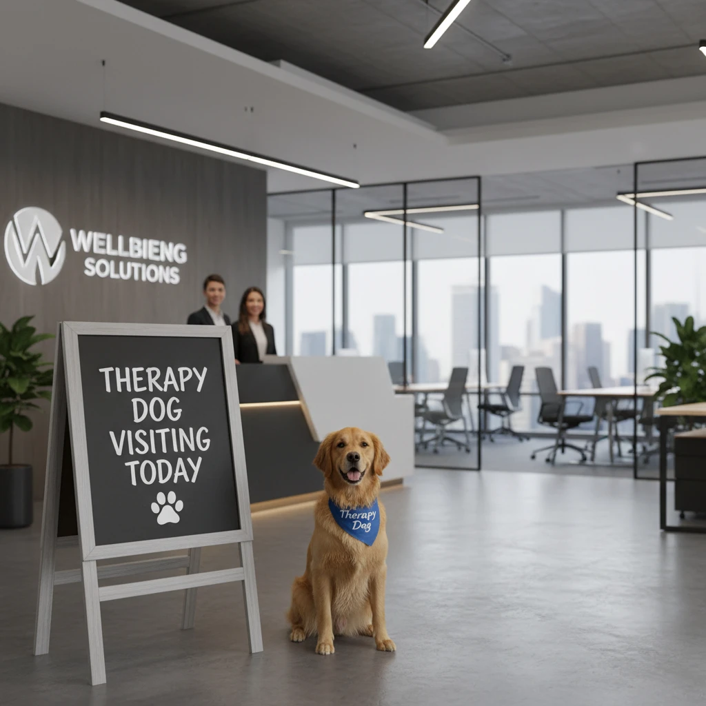 Signage announcing therapy dog visit in office reception