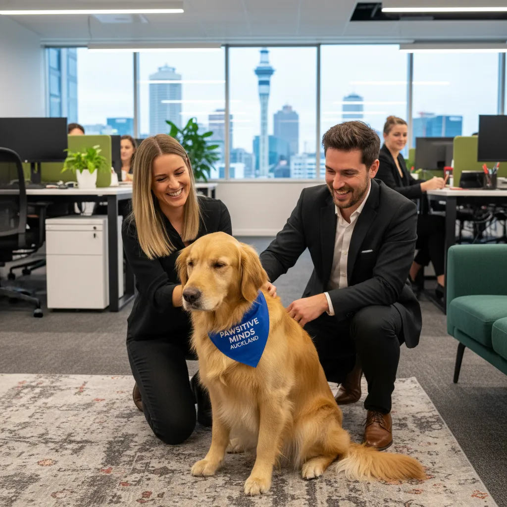 Corporate wellness dog visit in a modern New Zealand office setting