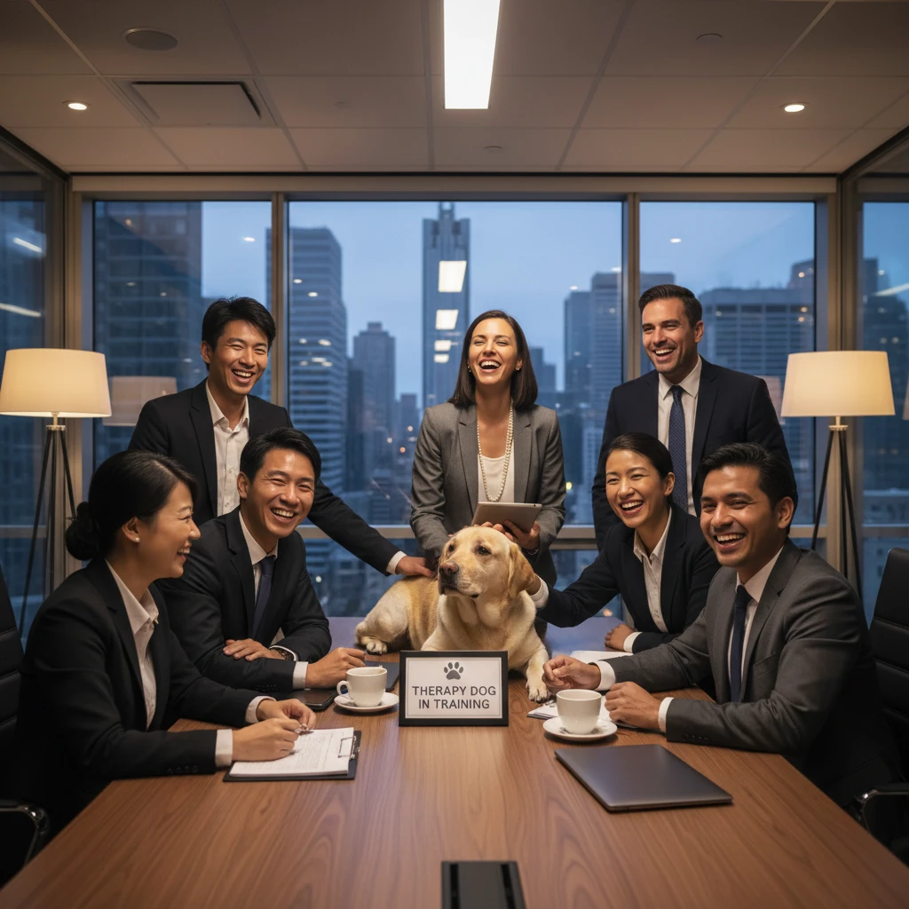 Therapy dog interacting with executives during a corporate meeting
