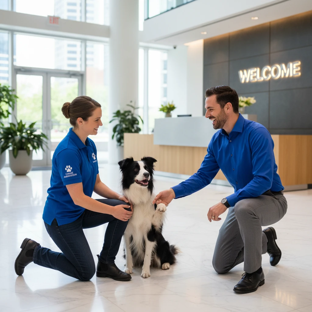 Professional dog handler facilitating corporate interaction