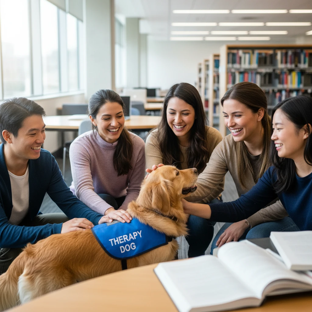 University students interacting with a therapy dog in a library