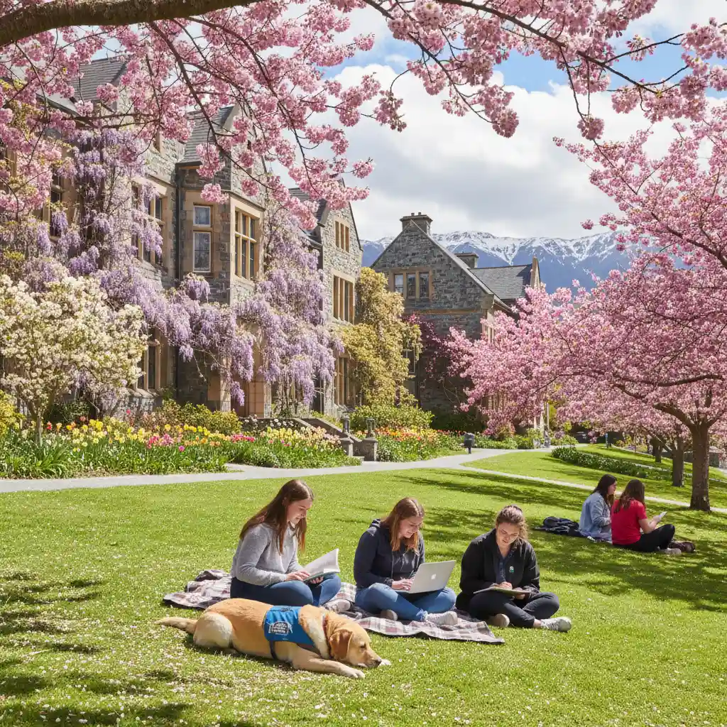 Students studying on a New Zealand campus lawn with a therapy dog