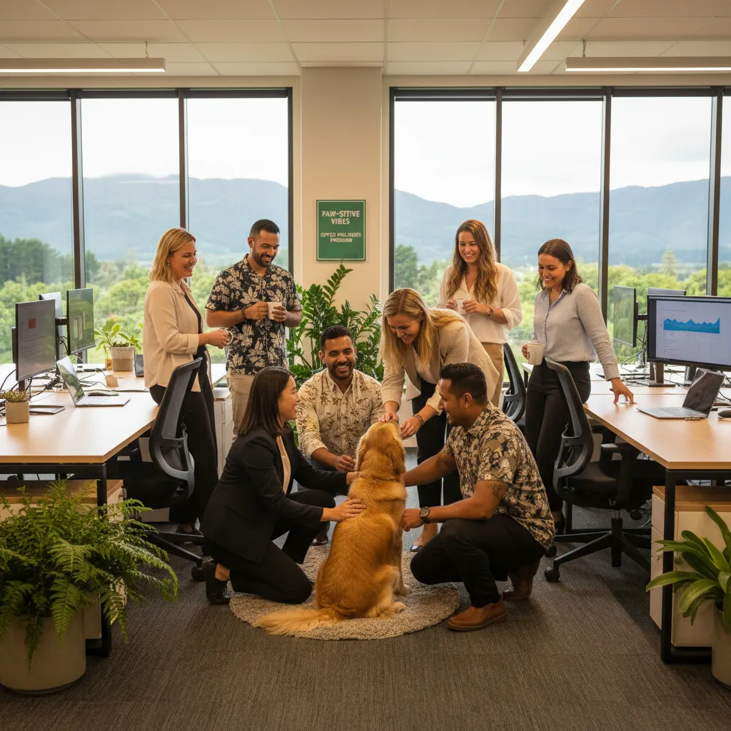 Corporate employees interacting with a therapy dog during mental health awareness week