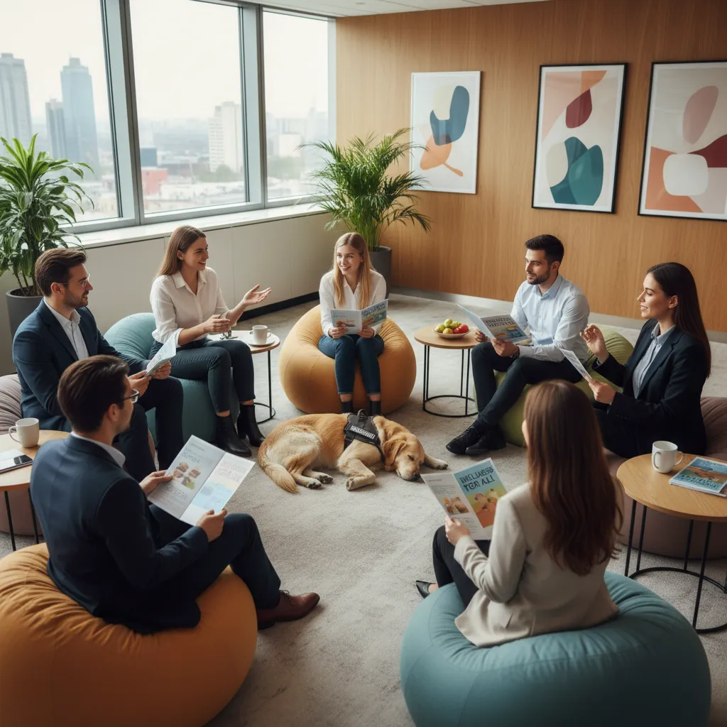 Staff wellness conversation circle with therapy dog