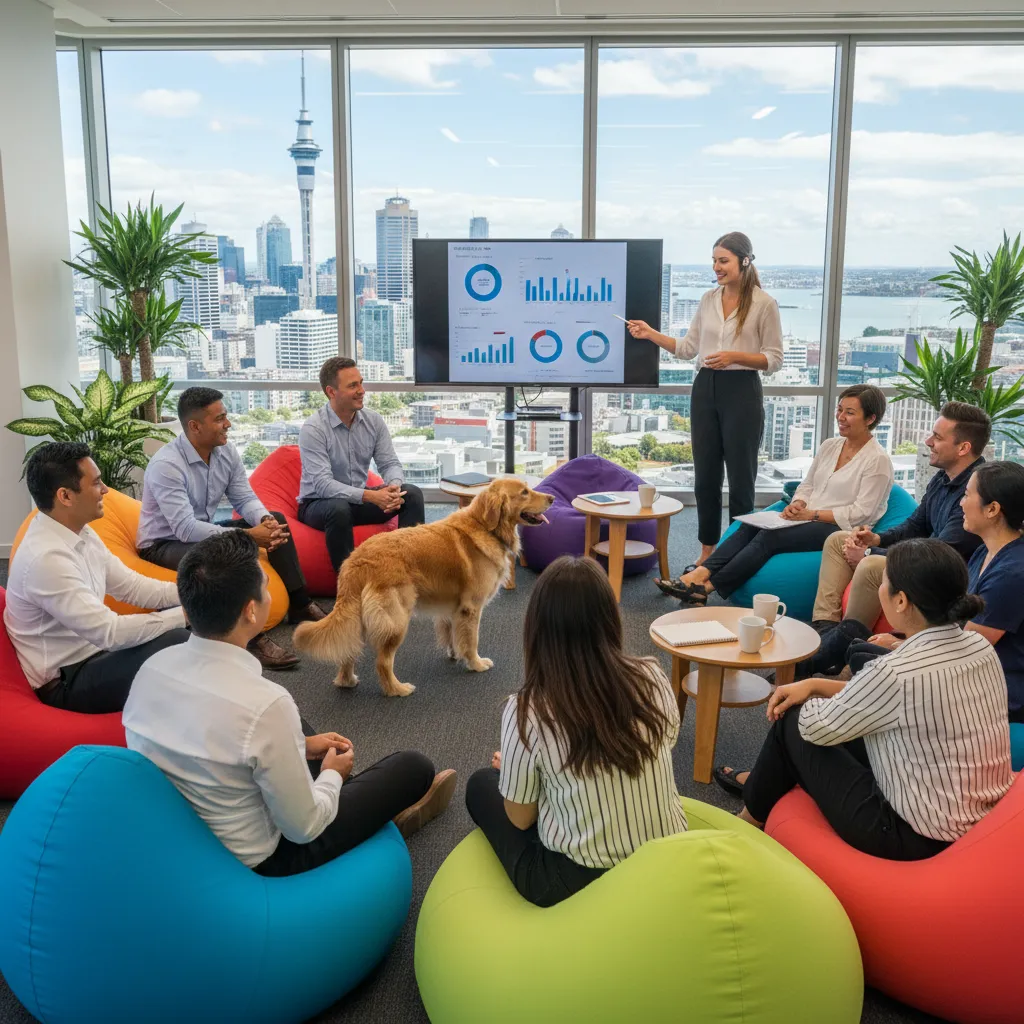 Corporate wellness workshop with therapy dog