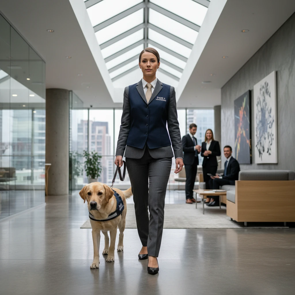Professional therapy dog handler in office
