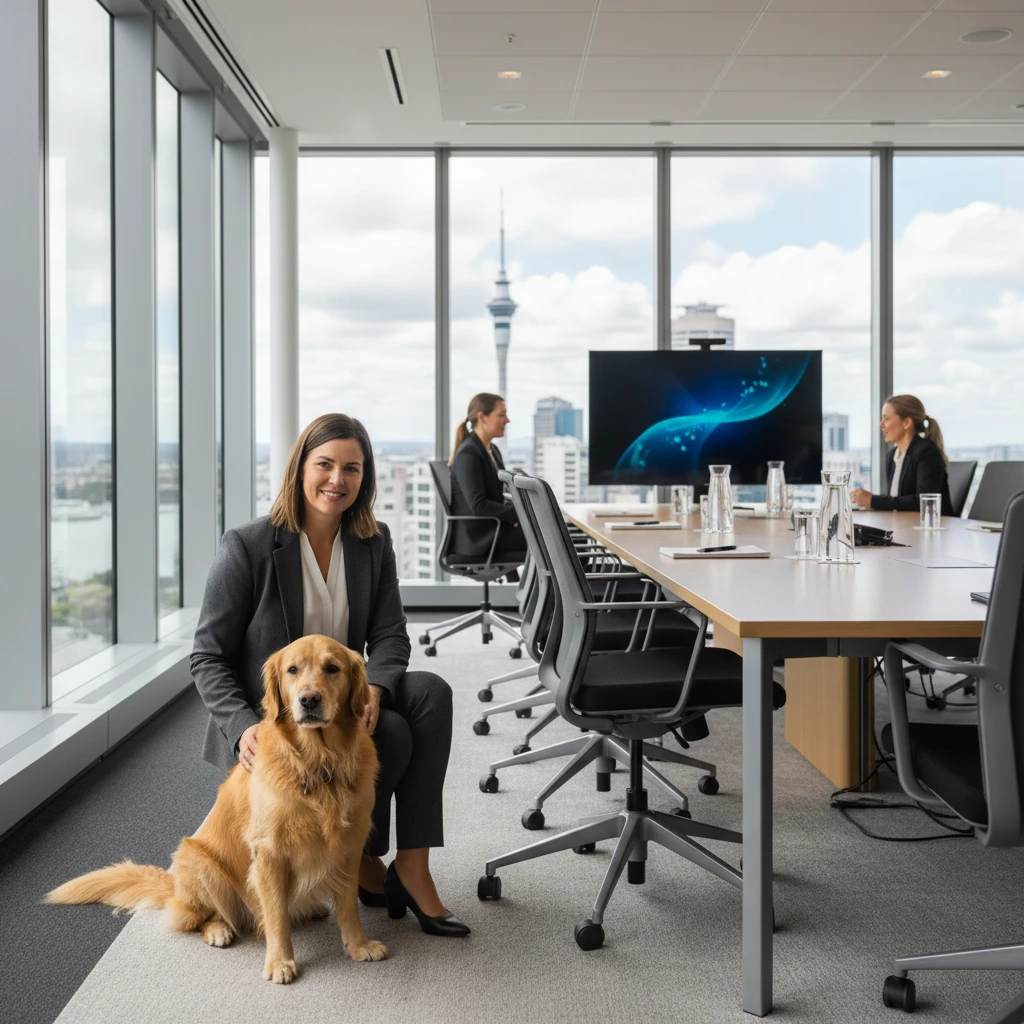 Corporate wellness consultation with therapy dog in New Zealand office