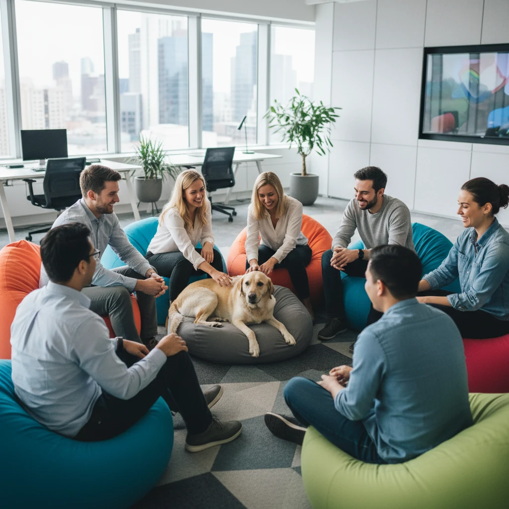 Safe group interaction with therapy dog in corporate setting