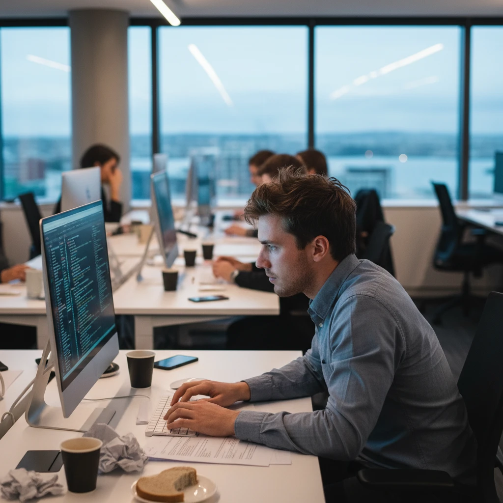 Stressed employee showing signs of burnout in a New Zealand corporate office