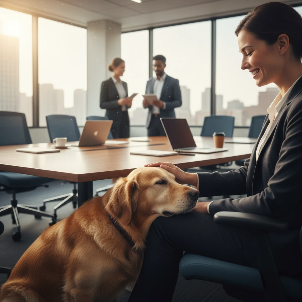Therapy dog providing stress relief to an employee in a corporate environment
