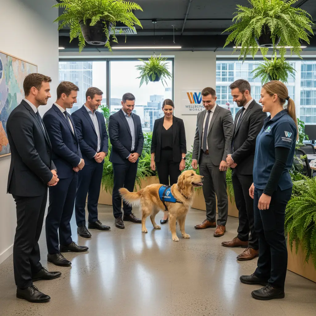 Professional animal-assisted therapy session in a New Zealand workplace