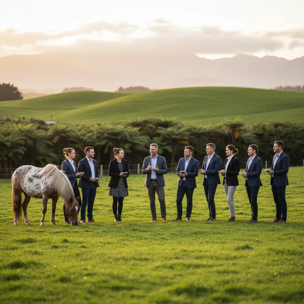 Corporate team building with horses in New Zealand paddock