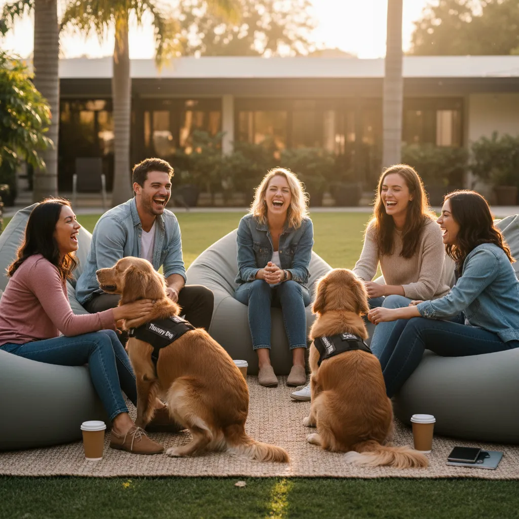 Group bonding session with therapy animals
