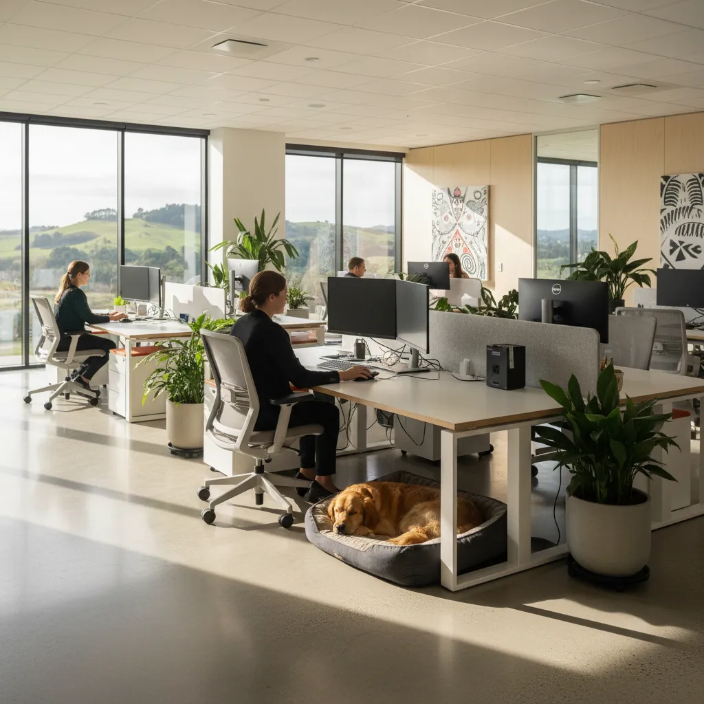 Employee working at a desk with a personal dog sleeping underneath in a pet-friendly office