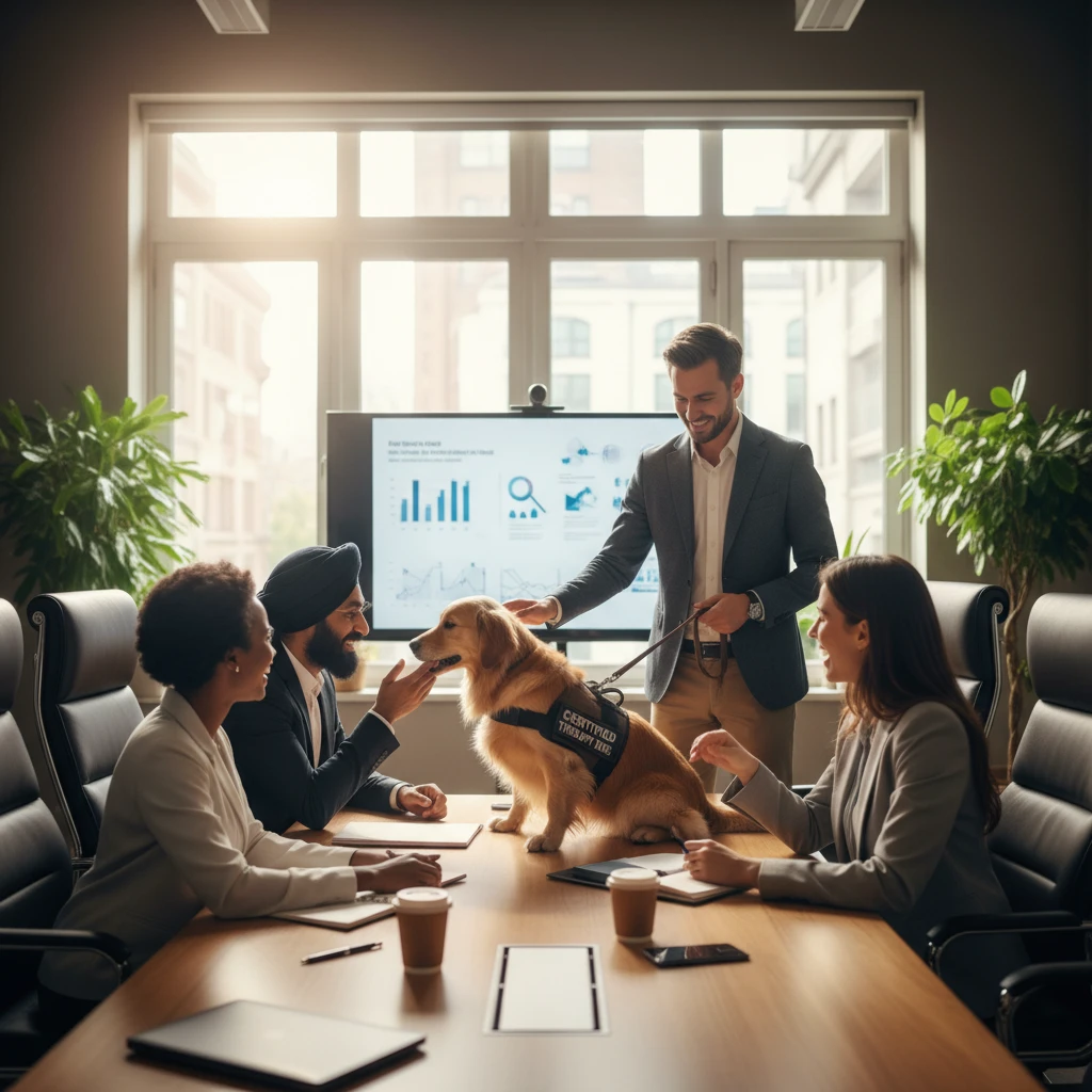 Professional therapy dog team conducting a wellness session in a corporate boardroom