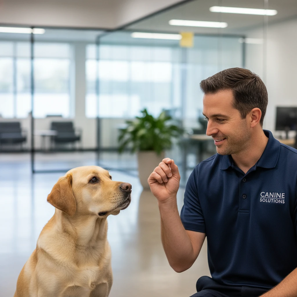 Professional dog handler managing a therapy dog in an office setting