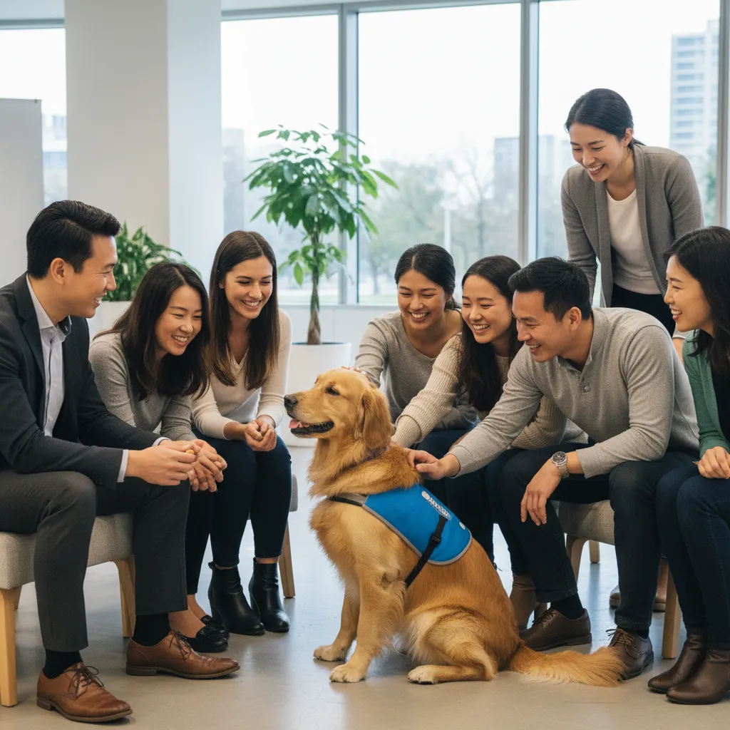 Office workers enjoying a stress-relief break with a visiting therapy dog