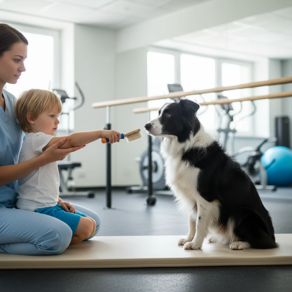 Child performing fine motor exercises with a therapy dog