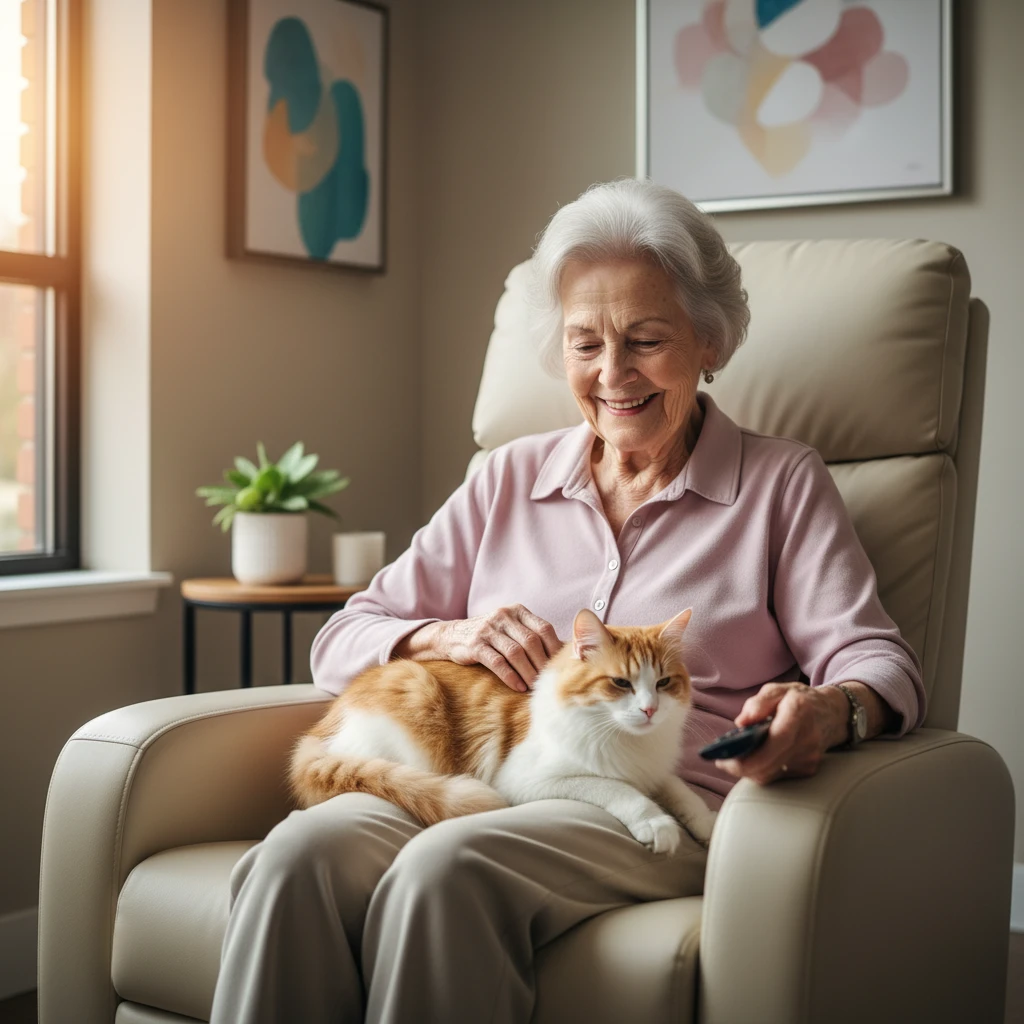 Elderly patient experiencing improved mood through animal assisted therapy