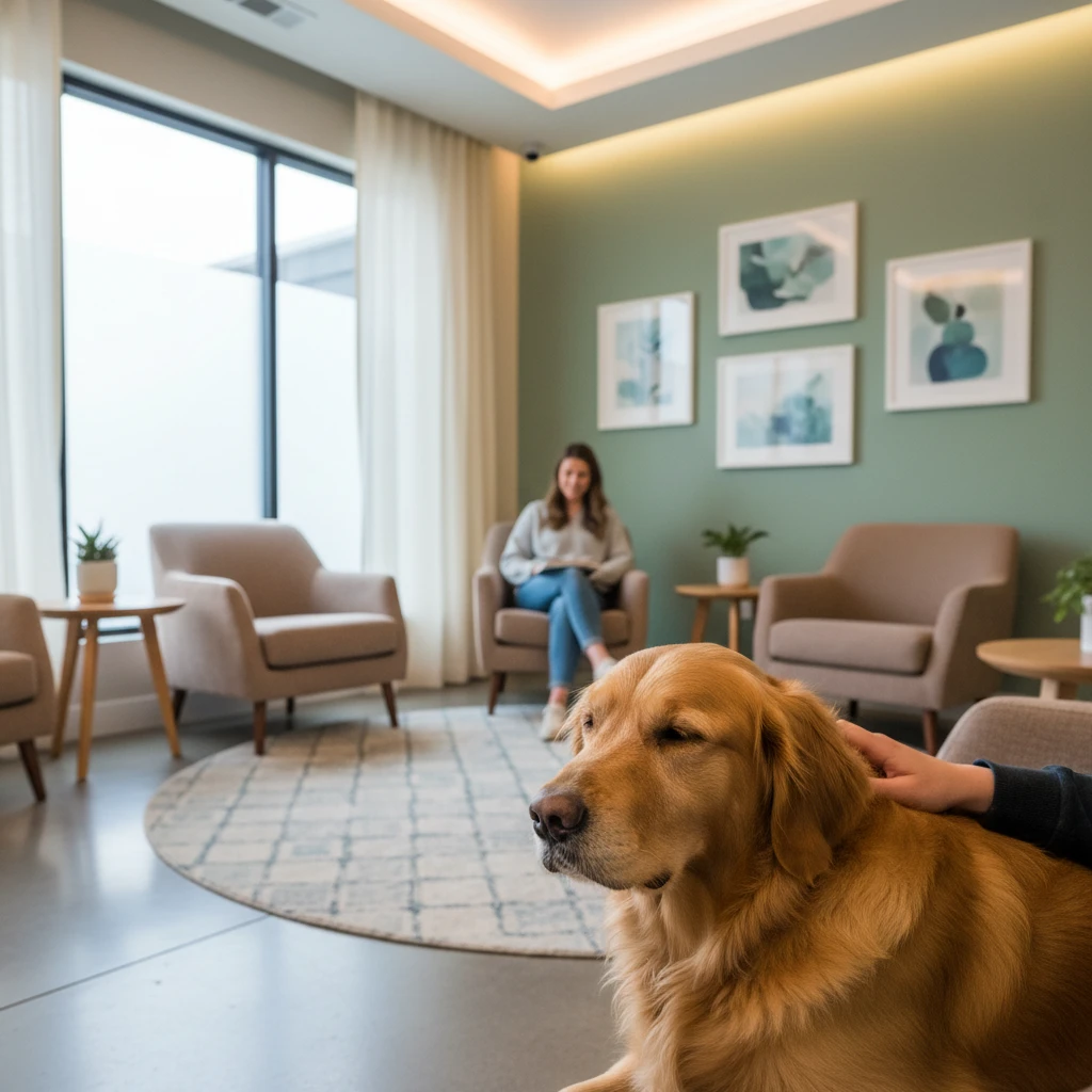 Therapy dog comforting a dental patient in the waiting area