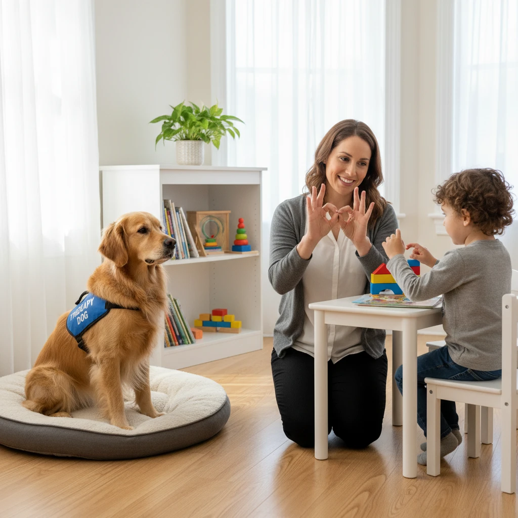 Speech language therapist demonstrating hand signals with a therapy dog