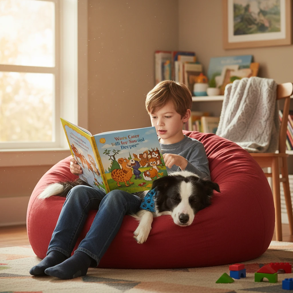 Child reading a book to a therapy dog to improve fluency