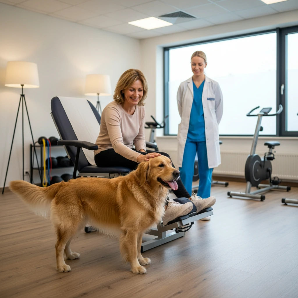 Patient engaging in physiotherapy motivation with dogs
