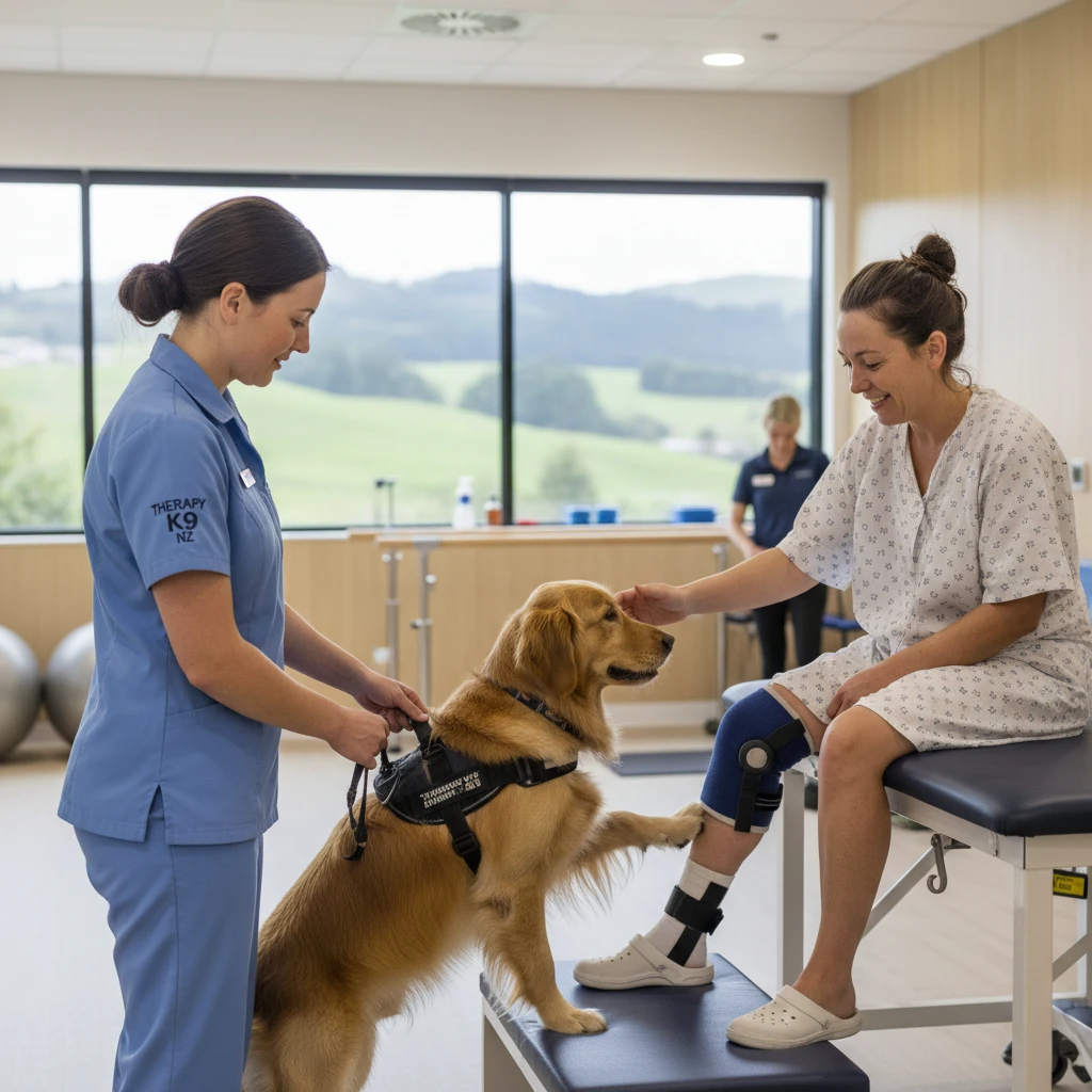 Professional therapy dog handler assisting a patient with rehabilitation exercises