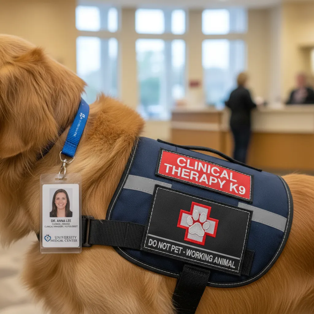 Clinical therapy dog vest and professional handler credentials