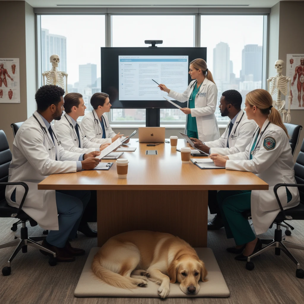 Multidisciplinary medical team meeting with therapy dog handler