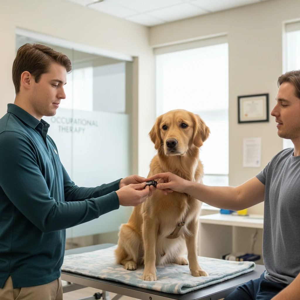 Occupational therapist guiding a patient to buckle a therapy dog harness