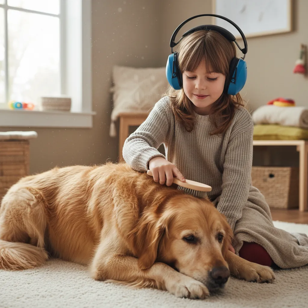 Child engaging in sensory integration therapy by brushing a dog