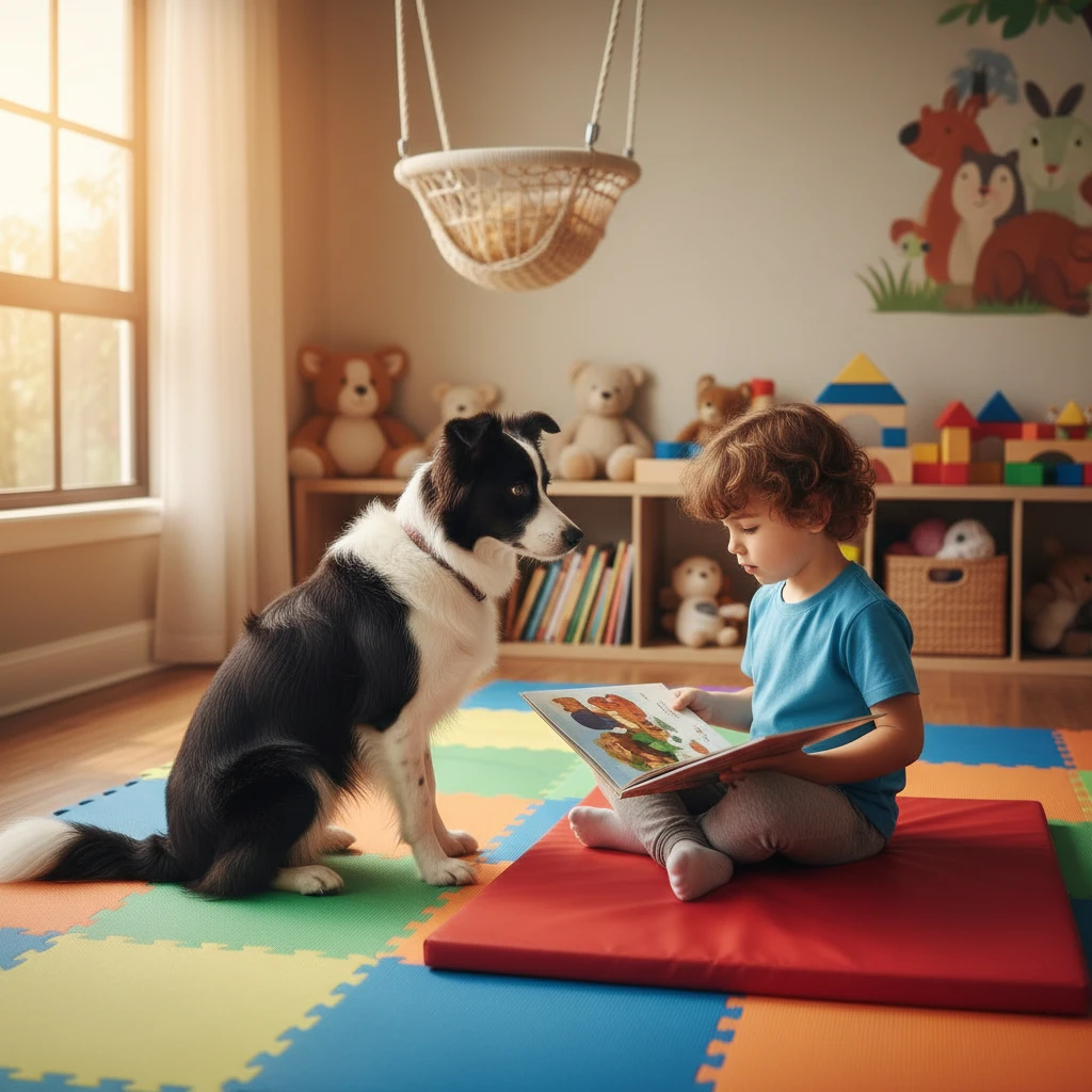 Child reading to a therapy dog in a pediatric OT setting