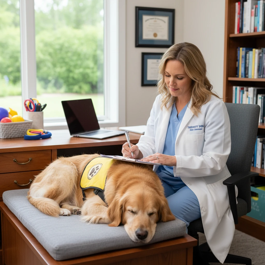 Therapist documenting session notes with therapy dog resting