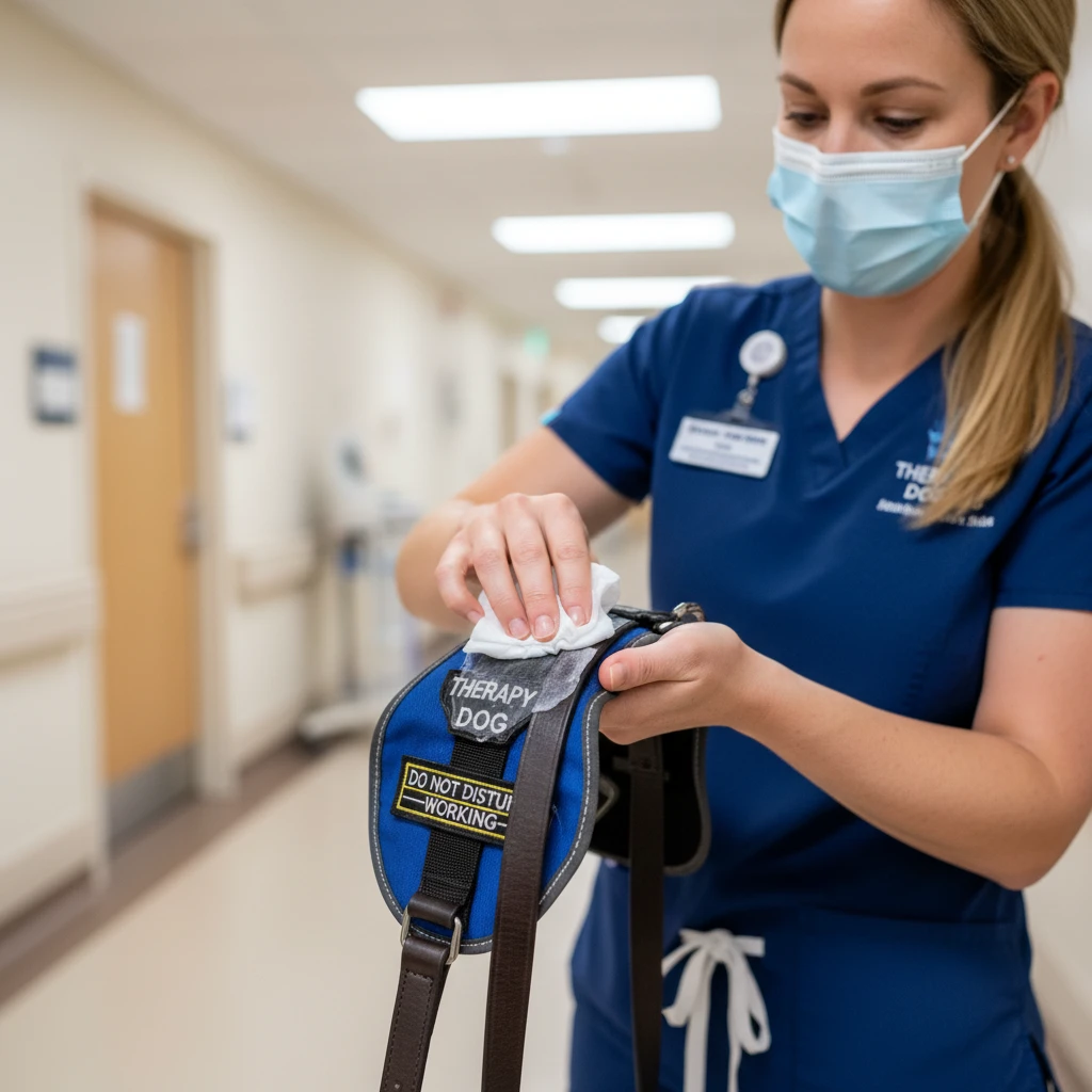 Sanitizing therapy dog equipment between patients