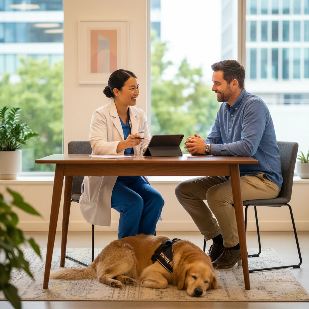 Therapist discussing animal assisted therapy consent forms with a patient in NZ