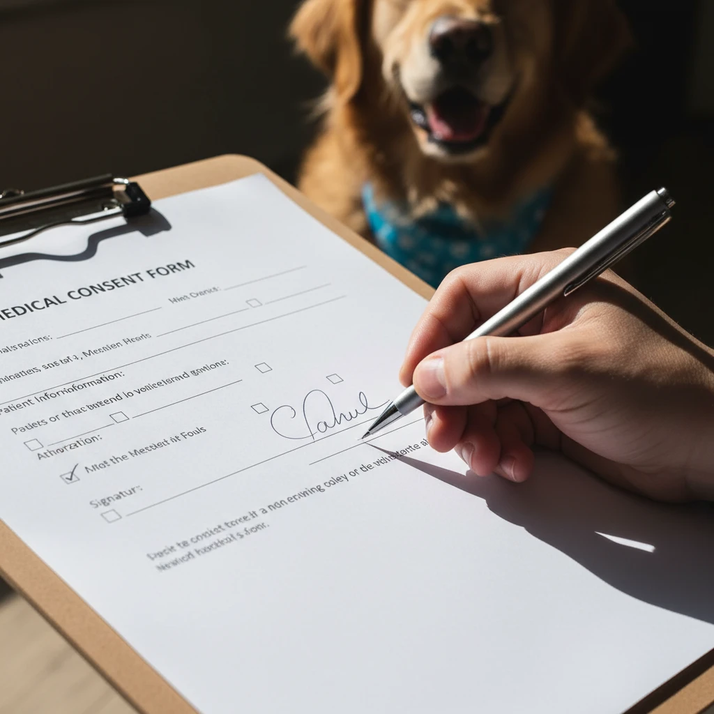 Patient signing an animal assisted therapy consent form