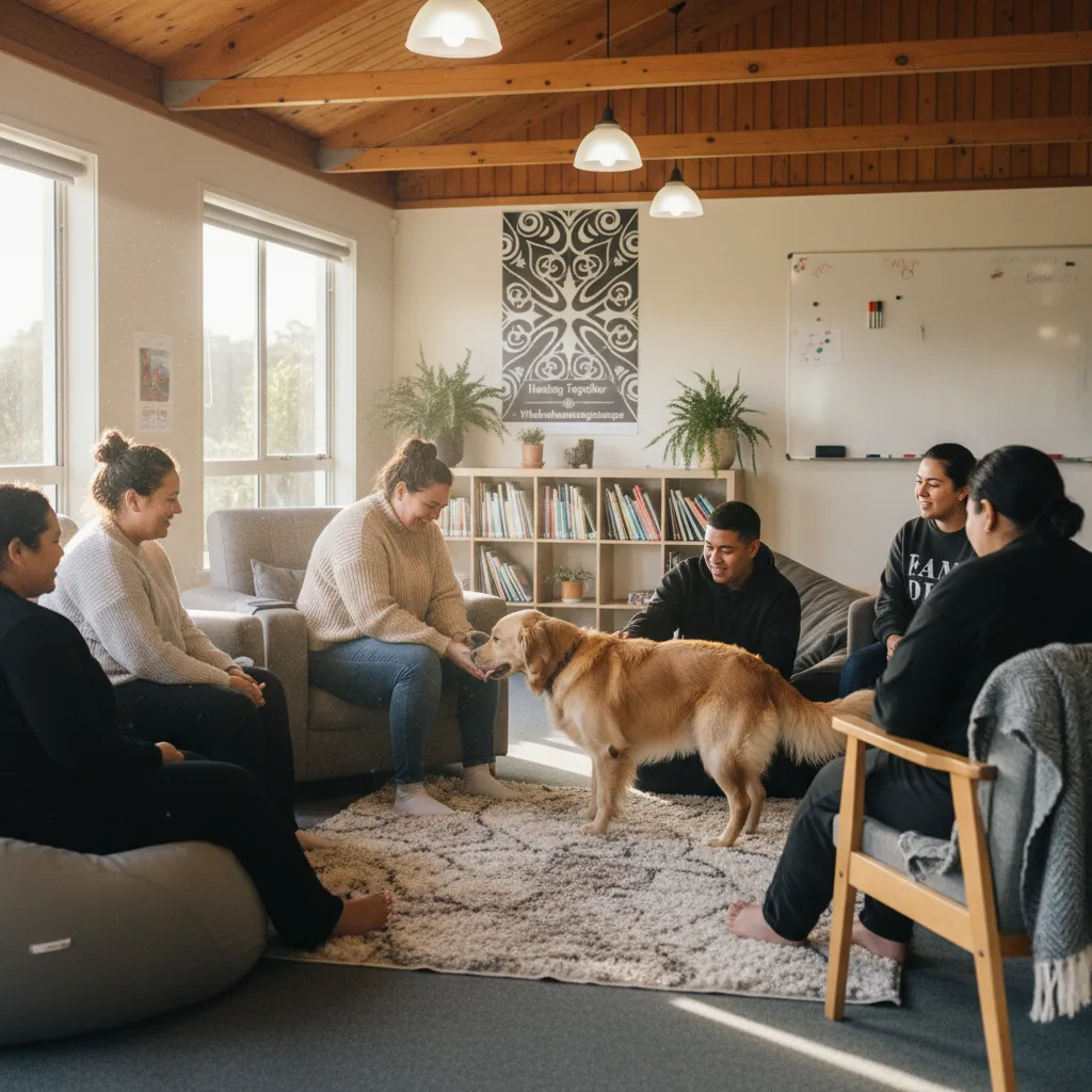 Group animal assisted therapy session in New Zealand