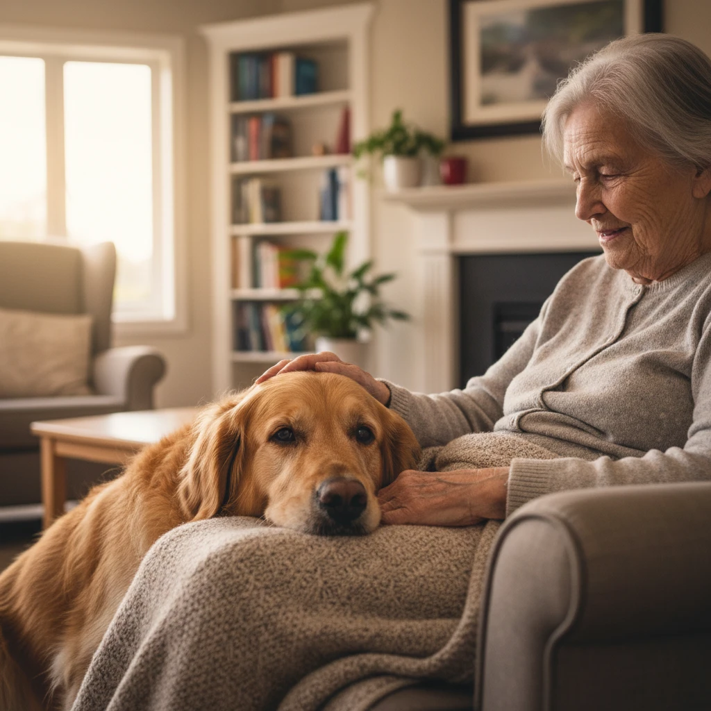Golden Retriever therapy dog comforting an elderly woman with dementia in a care facility