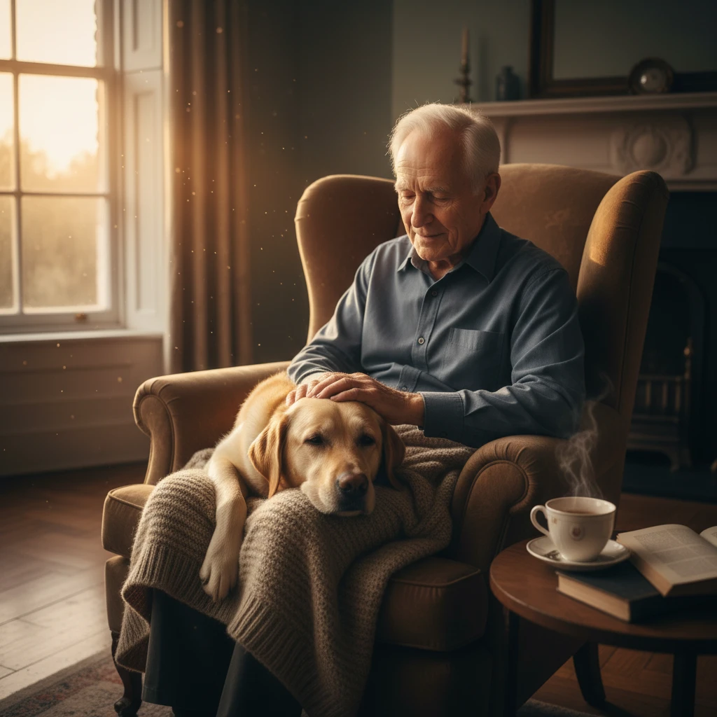 Senior man managing sundowning symptoms by petting a therapy dog