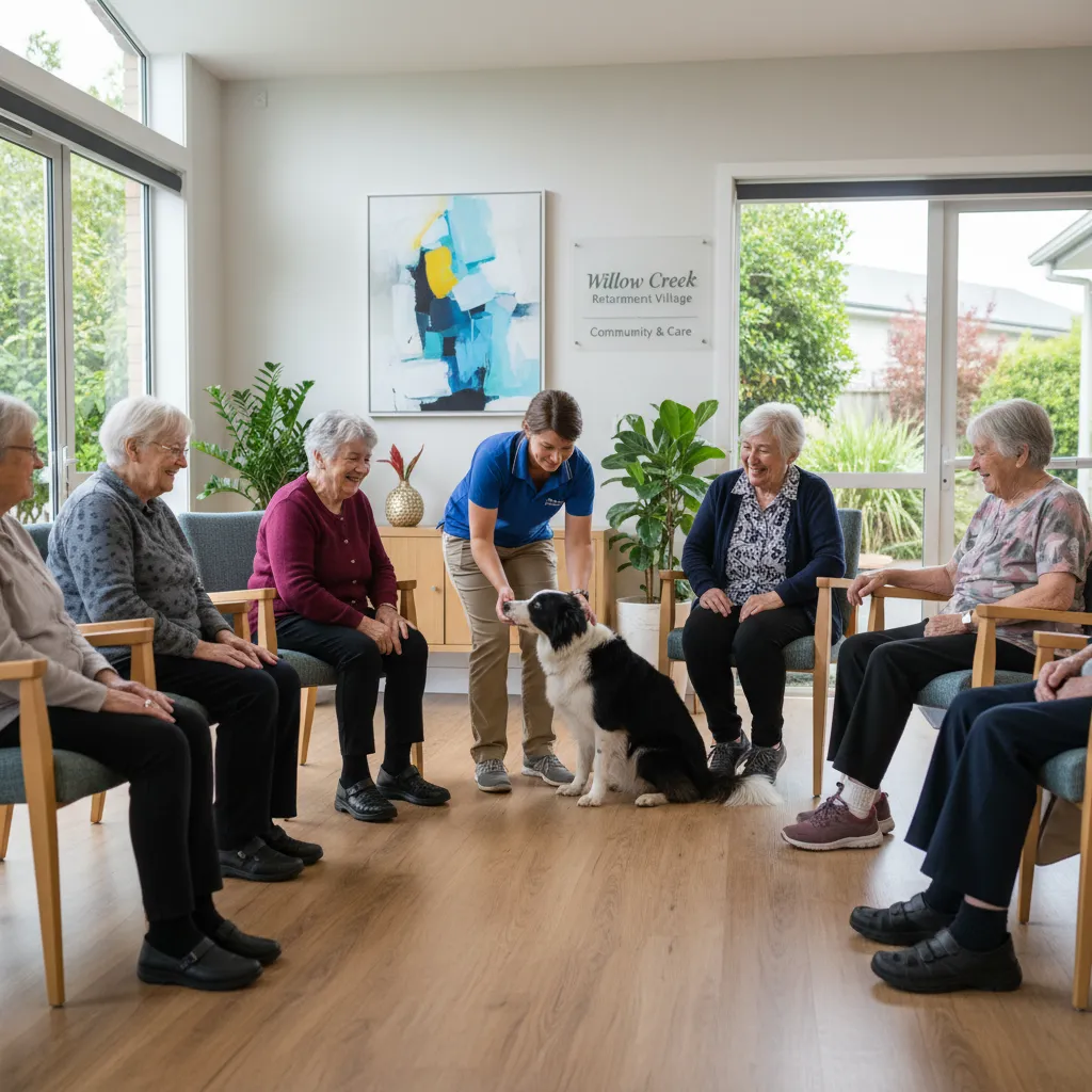Group therapy session with a dog in a New Zealand retirement village