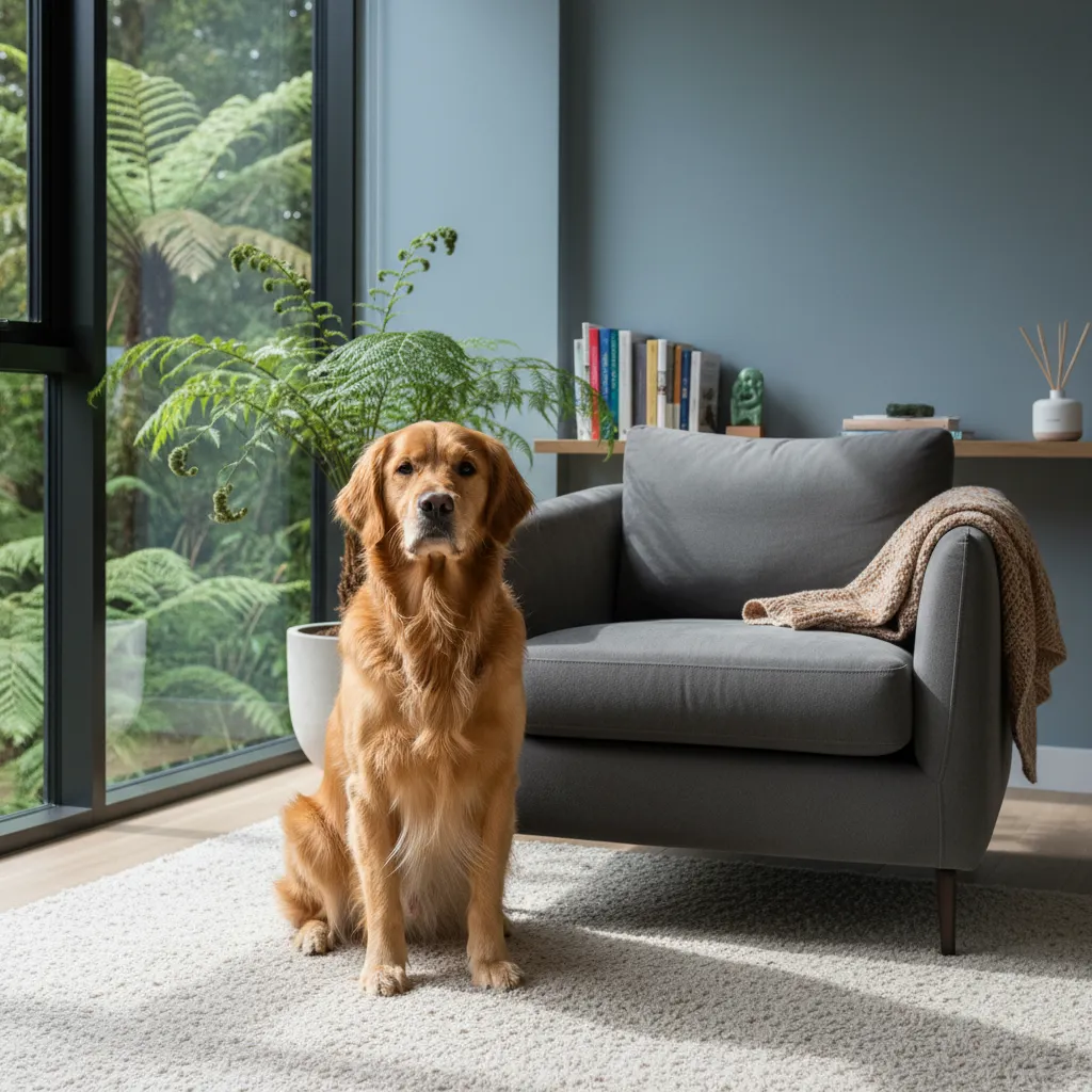 Golden Retriever therapy dog in a New Zealand counseling office