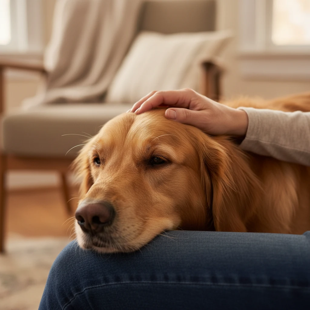 Client petting a therapy dog during a trauma counseling session